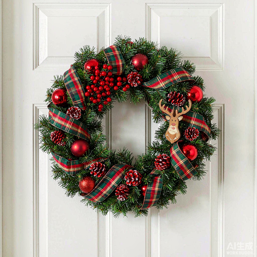 Christmas wreath with red berries and plaid ribbon