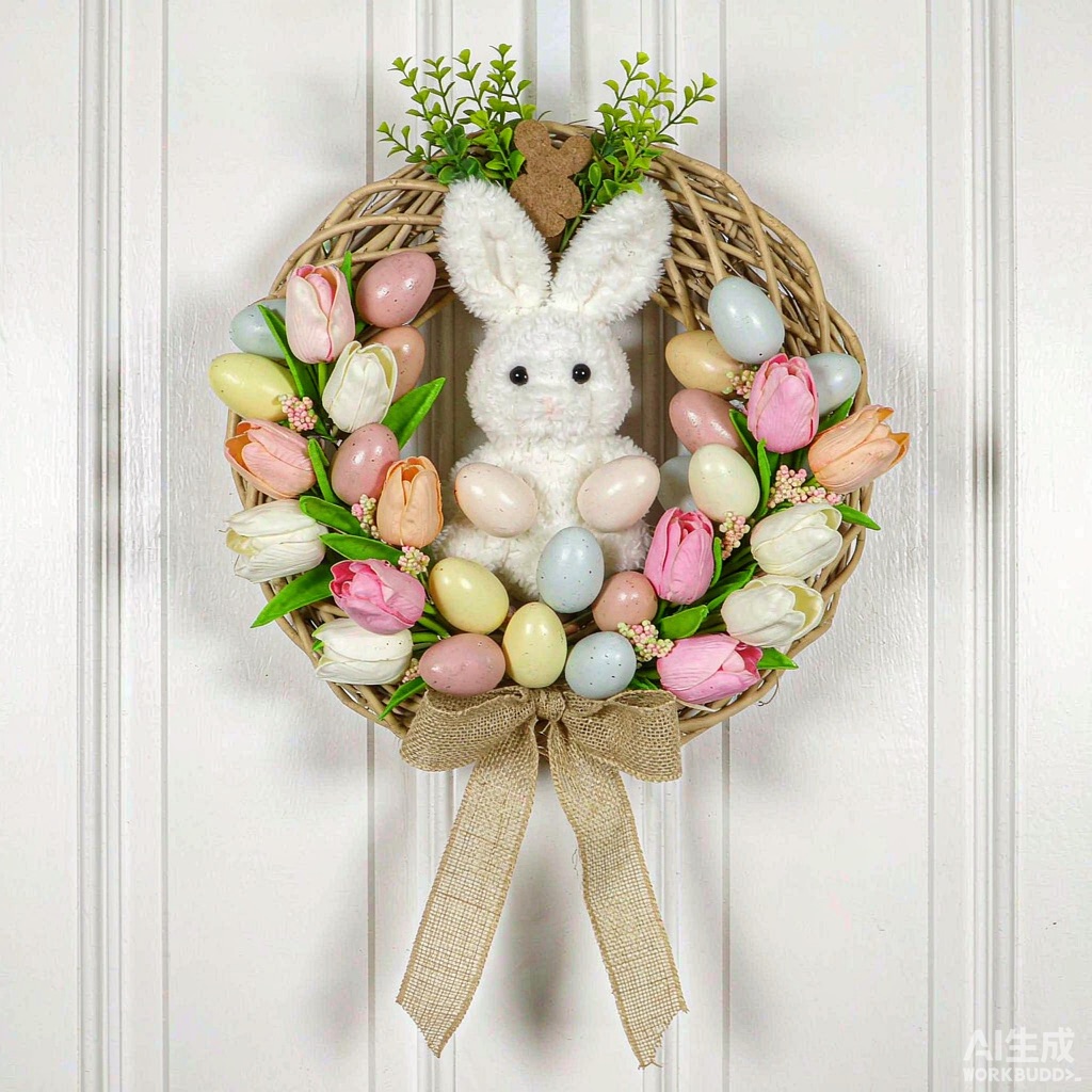 Easter bunny wreath with pastel eggs and tulips