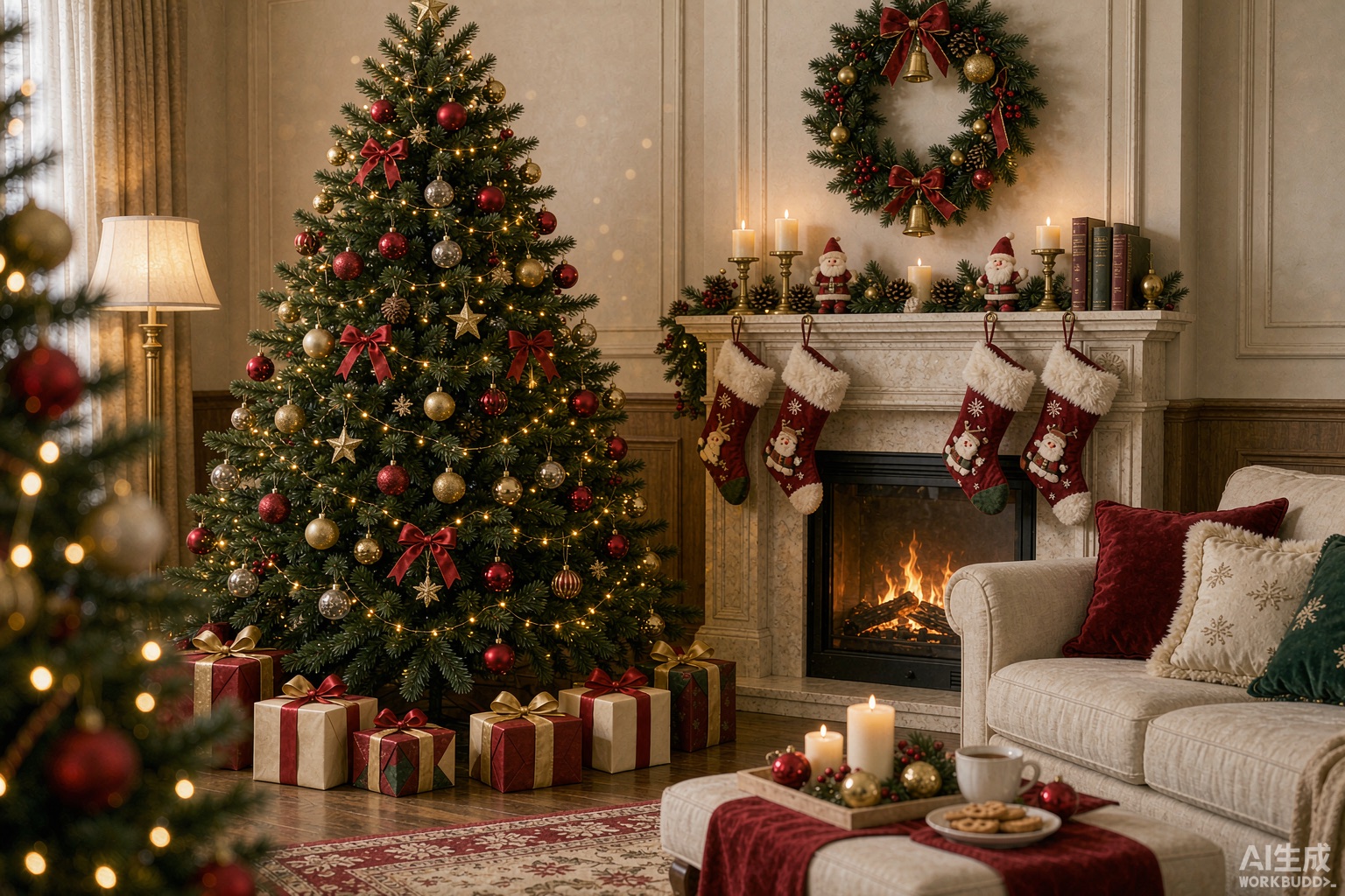 Cozy American living room with decorated Christmas tree