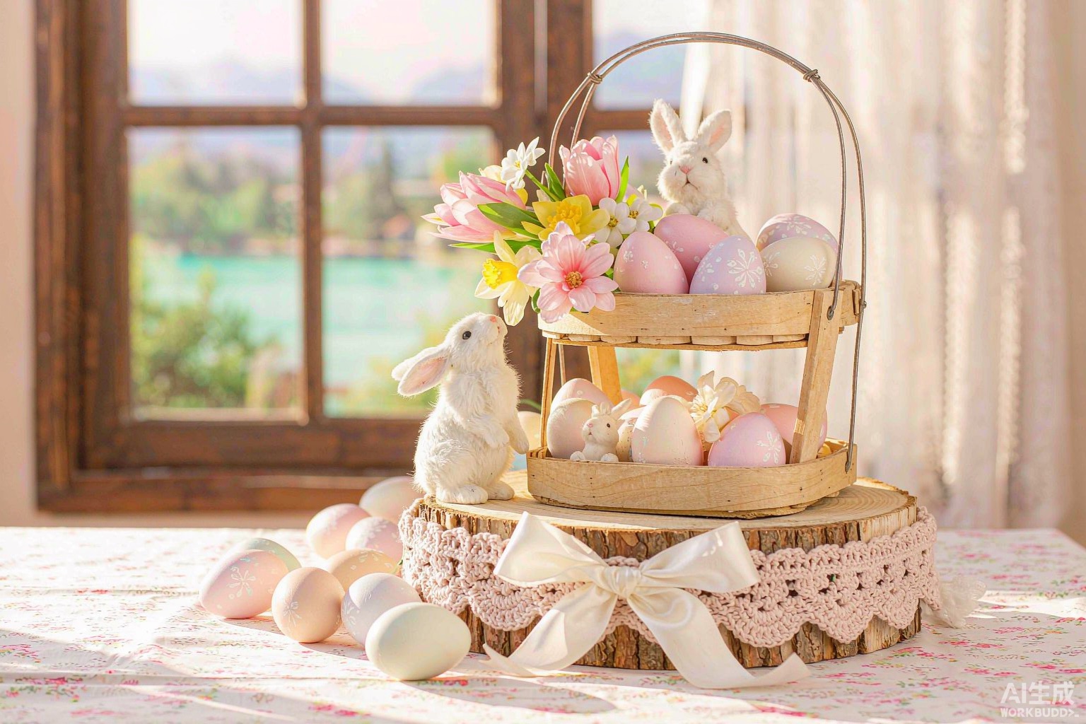 Bright Easter spring table with pastel eggs and flowers